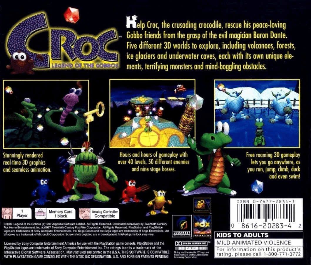 Croc: Legends of the Gobbos back of case for PlayStation 1 (PS1) retro video game