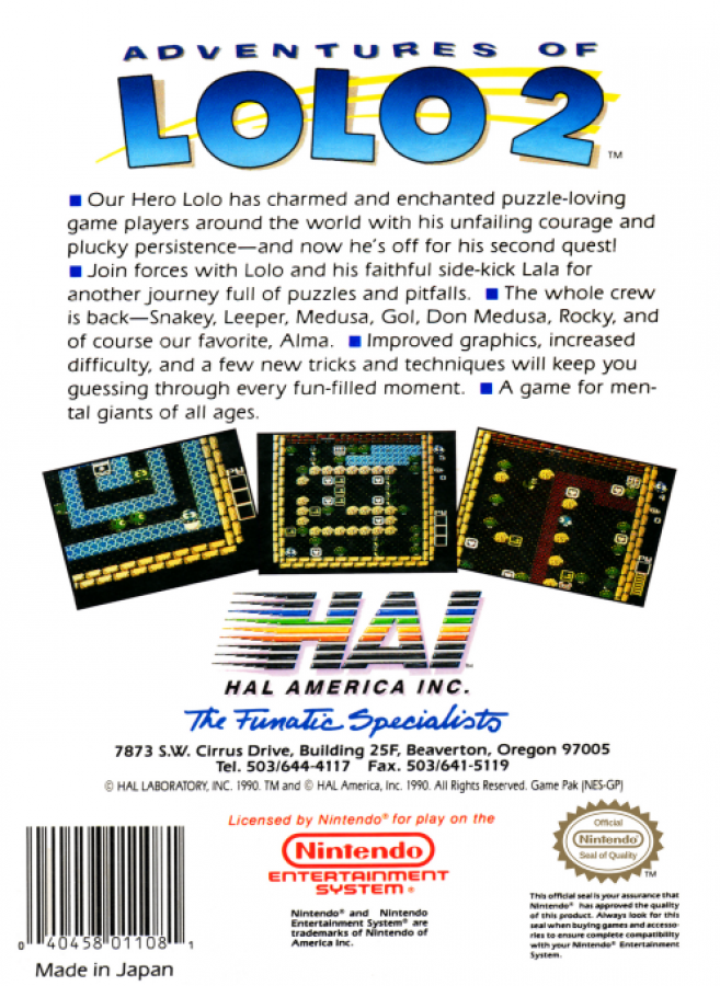 Adventures of Lolo 2 back of box for Nintendo Entertainment System (NES) retro video game
