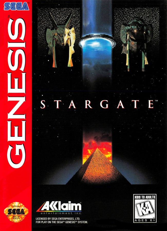 Stargate Sega Genesis video game, action platformer, sci-fi adventure, movie tie-in gameplay, retro Sega console title front cover
