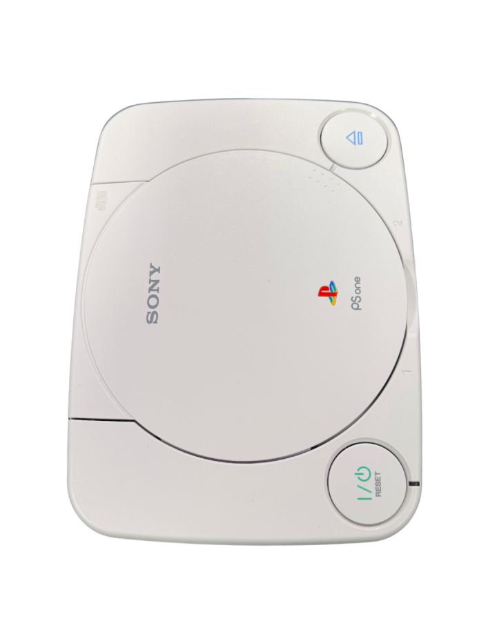 Top down vertical view of a Sony PSone slim console showing the disc lid, logo, and button layout.
