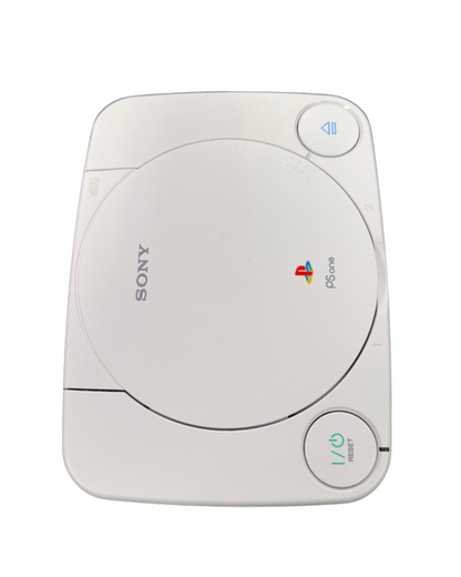 Top down vertical view of a Sony PSone slim console showing the disc lid, logo, and button layout.