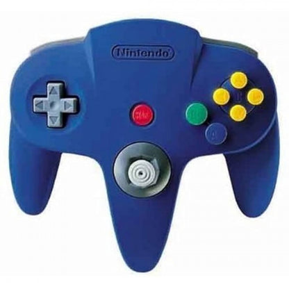 Top view of the blue Nintendo 64 controller, showing joystick, D-pad, action buttons, and ergonomic design for comfortable gameplay