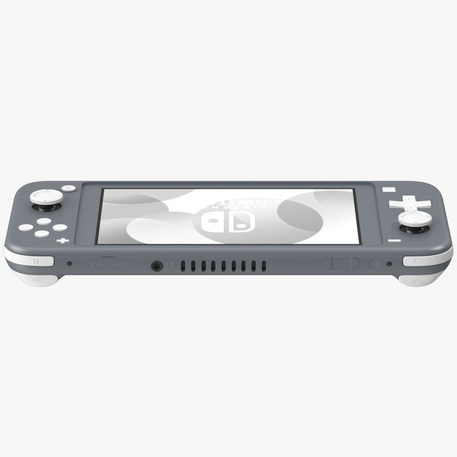 Top-down flat view of the gray Nintendo Switch Lite console showing its matte gray casing, integrated controls, and centered display.