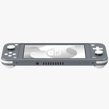 Top-down flat view of the gray Nintendo Switch Lite console showing its matte gray casing, integrated controls, and centered display.
