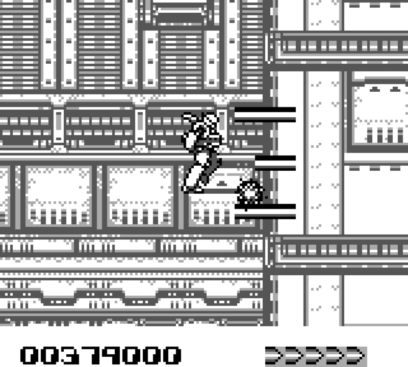 Battle Unit Zeoth [Missing Manuals/Inserts] for Game Boy (GB) featuring a sci fi top down shooter where you pilot a transforming mech tank through intense missions; blast enemies collect upgrades and survive challenging stages in this boxed copy missing the original manuals and inserts gameplay screenshot
