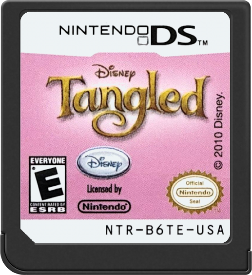 Disney Tangled Nintendo DS cartridge inspired design featuring fairy tale adventure gameplay aesthetic Rapunzel and Flynn Rider journey magical kingdom exploration charming story driven challenges colorful environments family friendly fun and portable handheld gaming presentation