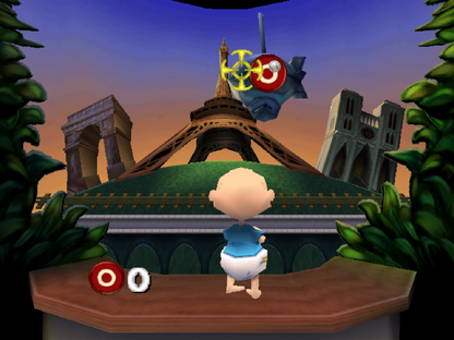 Rugrats in Paris The Movie cartridge for the Nintendo 64 featuring 3D platforming adventure gameplay with mini games as Tommy Chuckie and friends explore a colorful Paris theme park based on the animated movie gameplay 