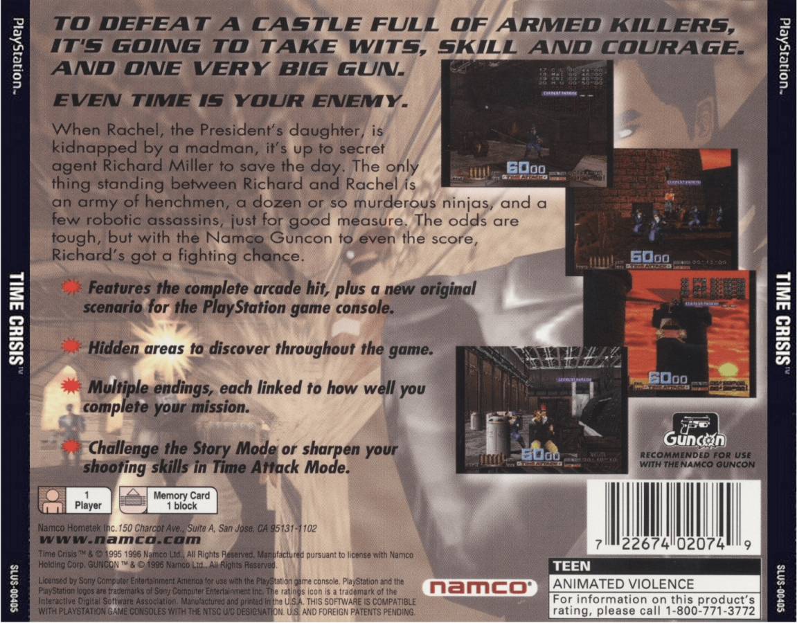 Time Crisis back of case for PlayStation 1 (PS1) light gun shooter video game 