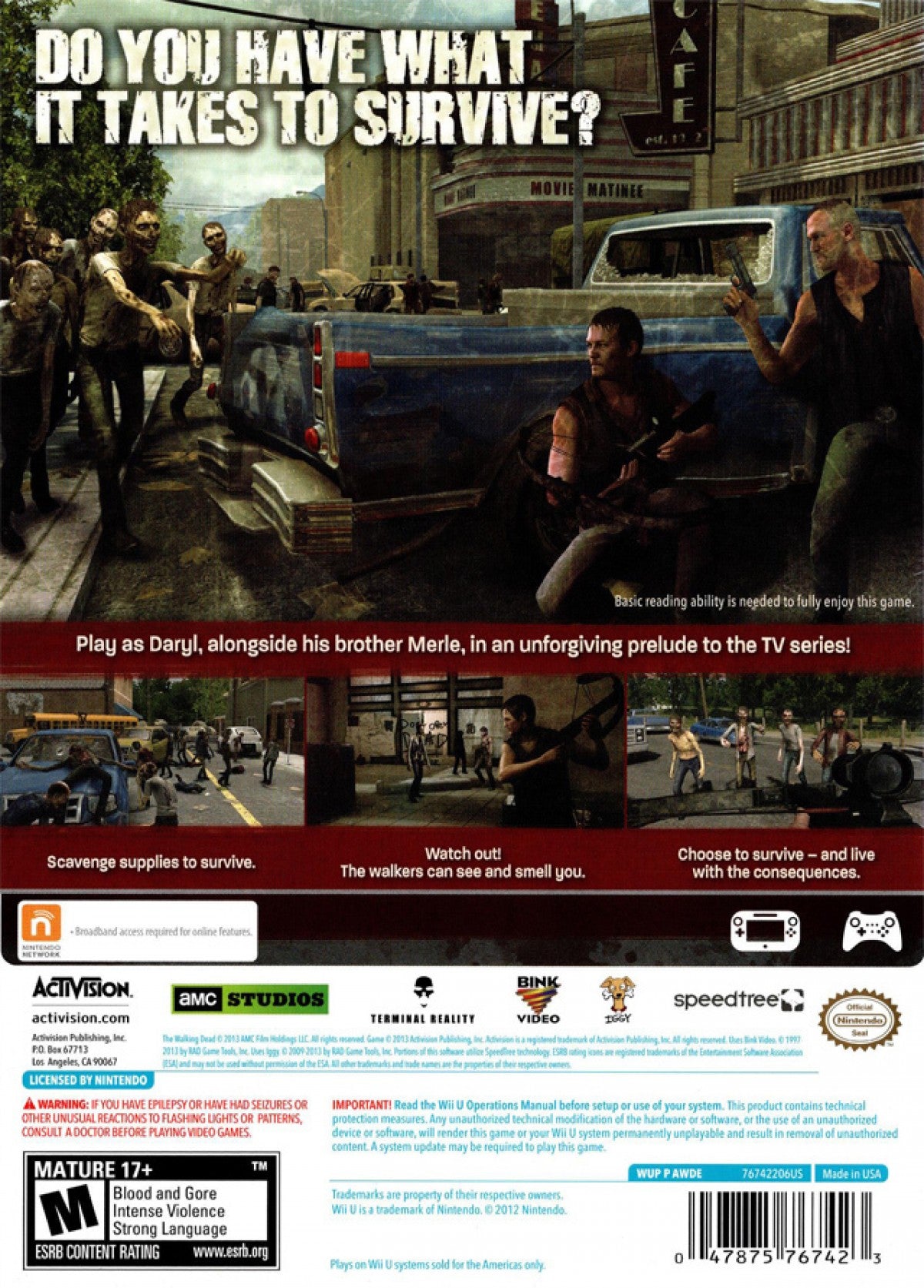 The Walking Dead: Survival Instinct back cover art for Nntendo Wii U (Wii U) zombie survival video game.