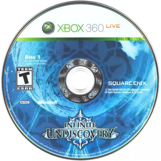 Infinite Undiscovery Xbox 360 video game featuring epic action role playing gameplay real time combat cinematic story classic JRPG mechanics and Square Enix fantasy adventure title disc 1