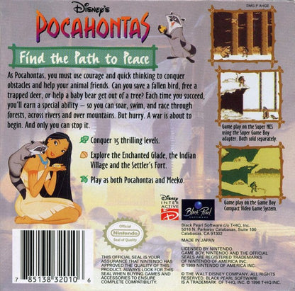 Pocahontas Nintendo Game Boy GB for retro video game enthusiasts featuring side scrolling action adventure gameplay Disney inspired storytelling platforming challenges exploration elements classic handheld gaming and collectible gaming appeal back cover art