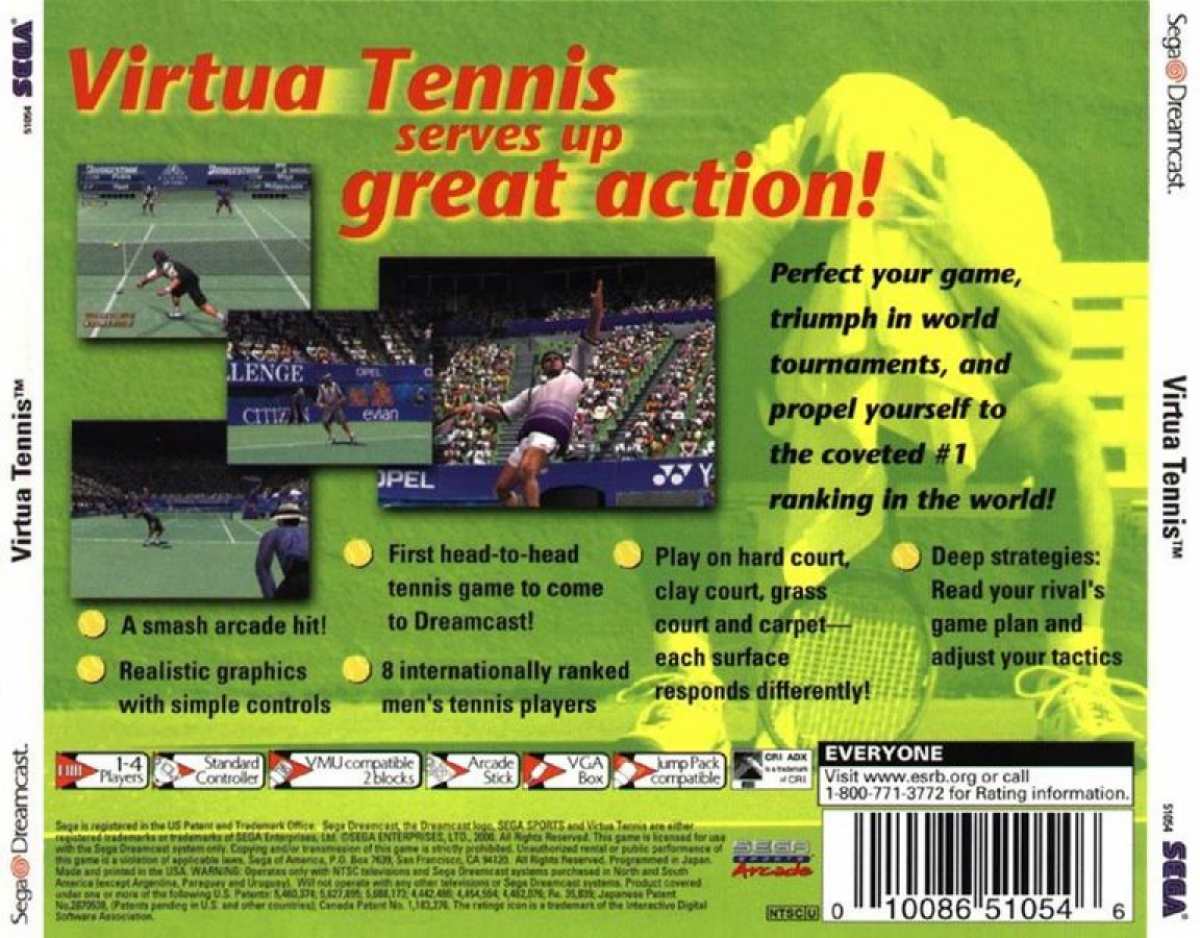 Virtua Tennis Sega All Stars Sega Dreamcast video game, arcade-style tennis sports action, multiplayer gameplay, classic SEGA console title back cover