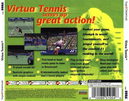 Virtua Tennis Sega All Stars Sega Dreamcast video game, arcade-style tennis sports action, multiplayer gameplay, classic SEGA console title back cover