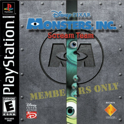 Monsters, Inc. Scream Team game for the PlayStation featuring 3D platforming gameplay based on the Pixar film with character switching between Mike and Sulley exploration of Monstropolis and energy collecting missions in a family friendly adventure setting front cover 