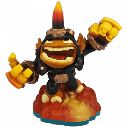 Fryno Skylanders Swap Force figure, fire element humanoid creature with motorcycle helmet design, flames and wheel-based lower body, posed in action stance, detailed collectible toy on portal base from Skylanders Swap Force series