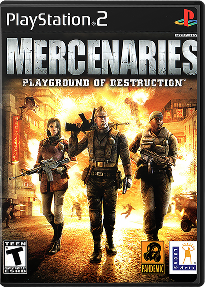 Mercenaries: Playground of Destruction PlayStation 2 cover art featuring explosive open-world combat with soldiers, vehicles, and destructible environments.