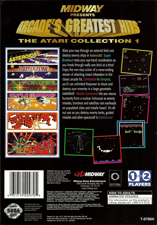Arcade's Greatest Hits Atari Collection back cover art for Sega Saturn (SS) video game