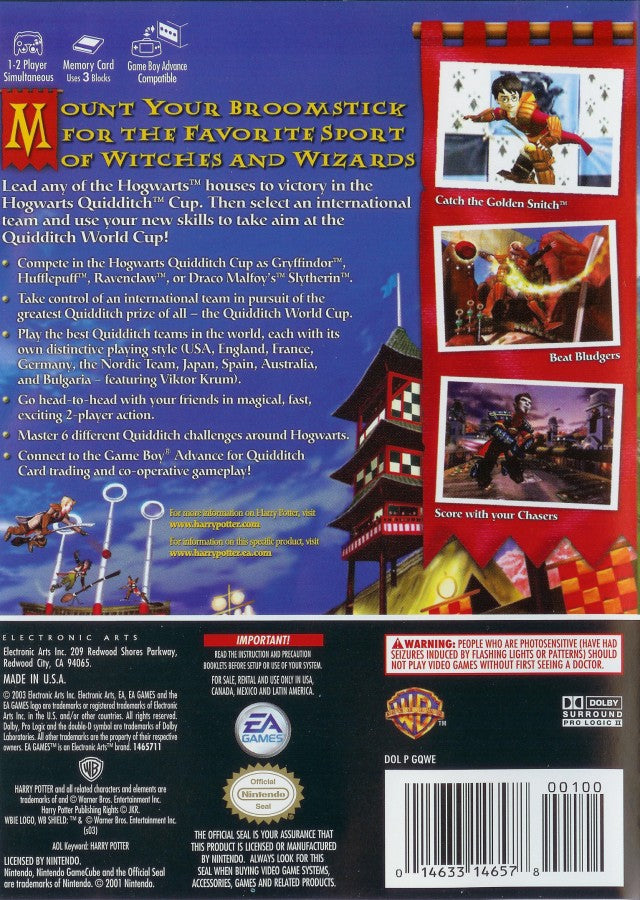Back cover for Harry Potter Quidditch World Cup GameCube game featuring fast-paced magical sports gameplay set in the Wizarding World