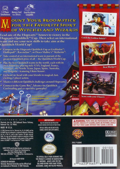 Back cover for Harry Potter Quidditch World Cup GameCube game featuring fast-paced magical sports gameplay set in the Wizarding World