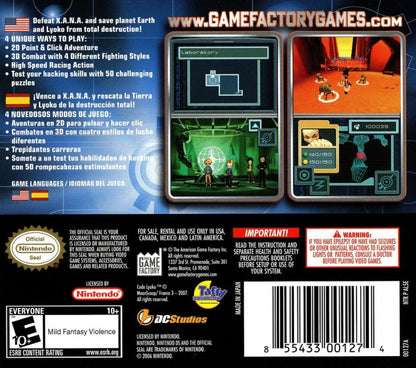 Code Lyoko for Nintendo DS, back of case for an action-adventure video game with platforming, combat, puzzle-solving, and anime-style gameplay
