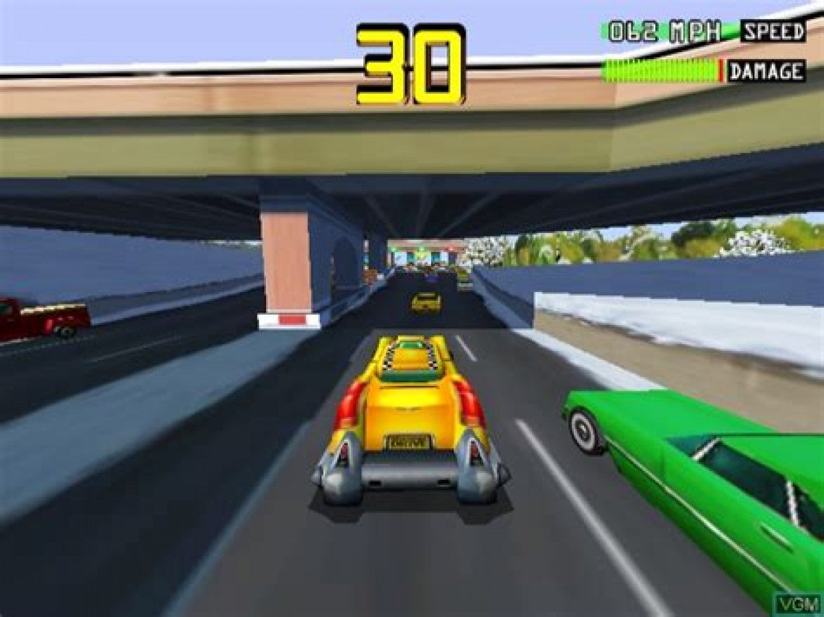 Smashing Drive gameplay for GameCube game featuring high-speed arcade racing action and destructive city driving gameplay 