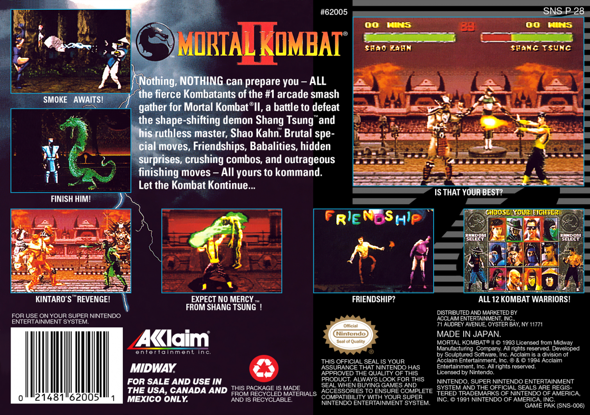 Mortal Kombat II for Super Nintendo fighting game featuring classic characters brutal fatalities arcade ladder mode versus battles and competitive gameplay back cover art