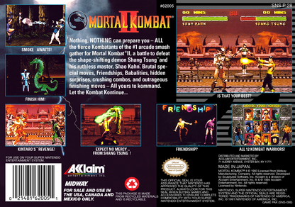 Mortal Kombat II for Super Nintendo fighting game featuring classic characters brutal fatalities arcade ladder mode versus battles and competitive gameplay back cover art