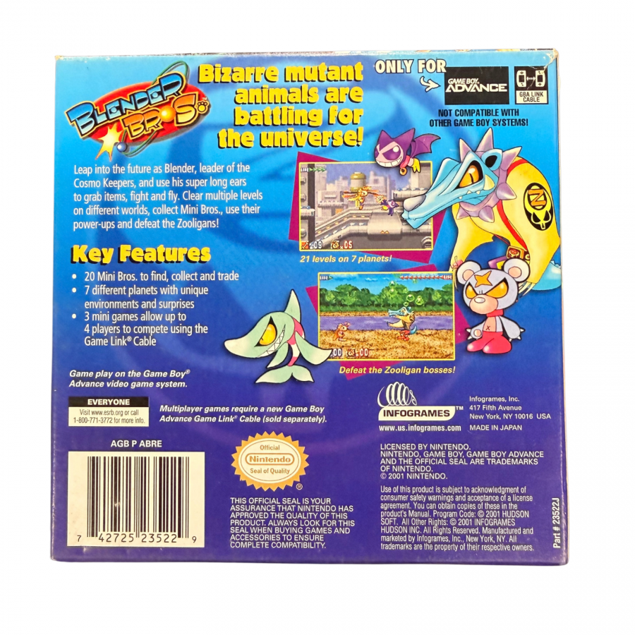 Blender Bros Game Boy Advance GBA video game featuring platforming action gameplay colorful levels enemy encounters puzzle solving power based attacks character adventure and classic handheld Nintendo action retro video game collection collectible gaming appeal back cover art