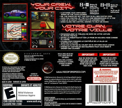 Need for Speed Carbon Own the City Nintendo DS DS racing video game featuring high-speed street racing car customization rival crews police pursuits drifting intense races city driving challenges and classic Nintendo DS DS gameplay collectible retro gaming appeal back cover art