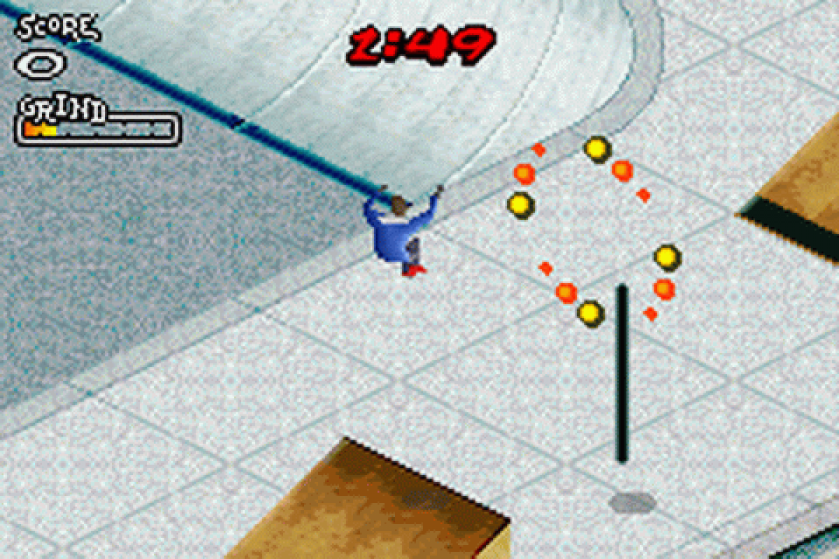 Aggressive Inline for Game Boy Advance (GBA), gameplay for a retro video game featuring inline skating gameplay, trick-based challenges, extreme sports action, competitive races, and arcade-style stunt mechanics