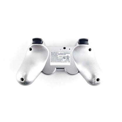 PlayStation 3 PS3 DualShock 3 Controller OEM Silver original Sony wireless game controller featuring pressure-sensitive buttons analog sticks vibration feedback Sixaxis motion sensing USB charging rechargeable battery silver finish and classic PlayStation 3 PS3 gaming accessory collectible appeal bottom