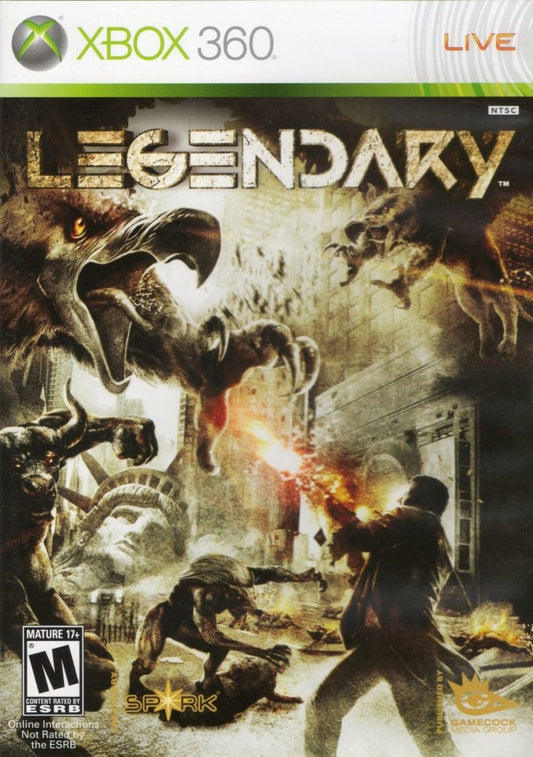 Legendary for Xbox 360 first person shooter action game featuring mythological creatures modern city setting campaign mode supernatural combat cover art