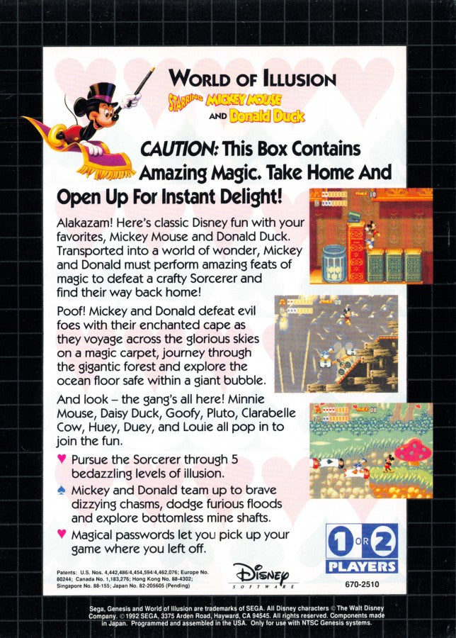 World of Illusion Starring Mickey Mouse and Donald Duck Sega Genesis retro video game platformer back of case (1992)