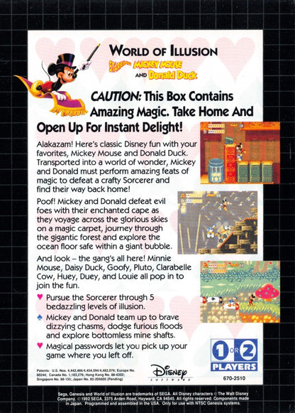 World of Illusion Starring Mickey Mouse and Donald Duck Sega Genesis retro video game platformer back of case (1992)