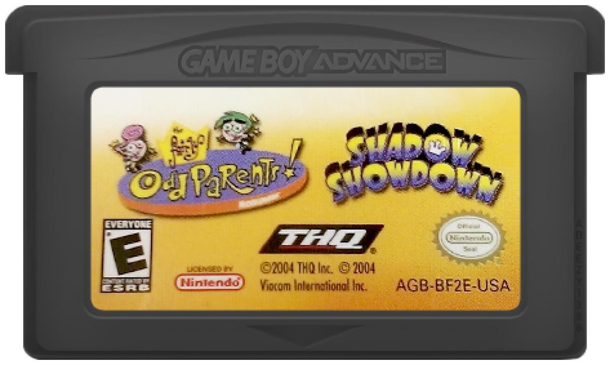 The Fairly OddParents Shadow Showdown for Game Boy Advance, cartridge for a retro video game featuring side-scrolling platforming gameplay, magical abilities, cartoon-style action, and character-based adventure challenges