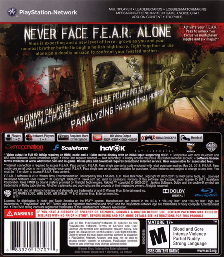 F.E.A.R. 3 back cover art for PlayStation 3 PS3 video game