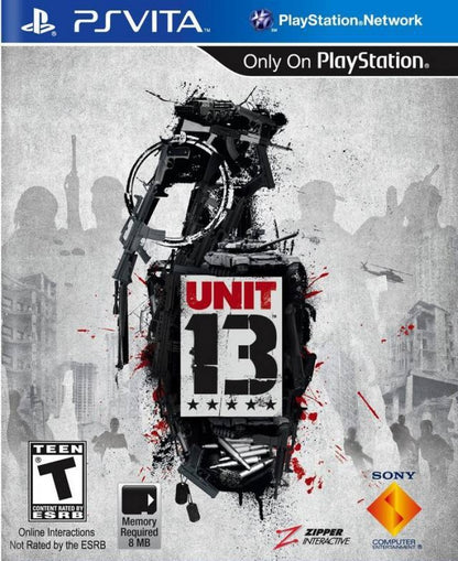Unit 13 game for the PlayStation Vita featuring third person tactical shooter gameplay with mission based objectives cover mechanics stealth and action focused scenarios as an elite special operations unit completing high risk assignments around the world cover art