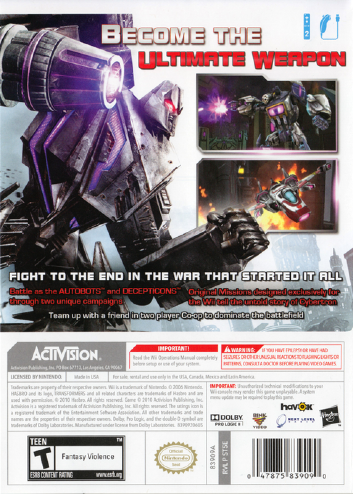 Transformers: Cybertron Adventures back cover art for Nintendo Wii (Wii) featuring rail‑shooter combat with Autobots and Decepticons, cinematic missions, and battles set on Cybertron.