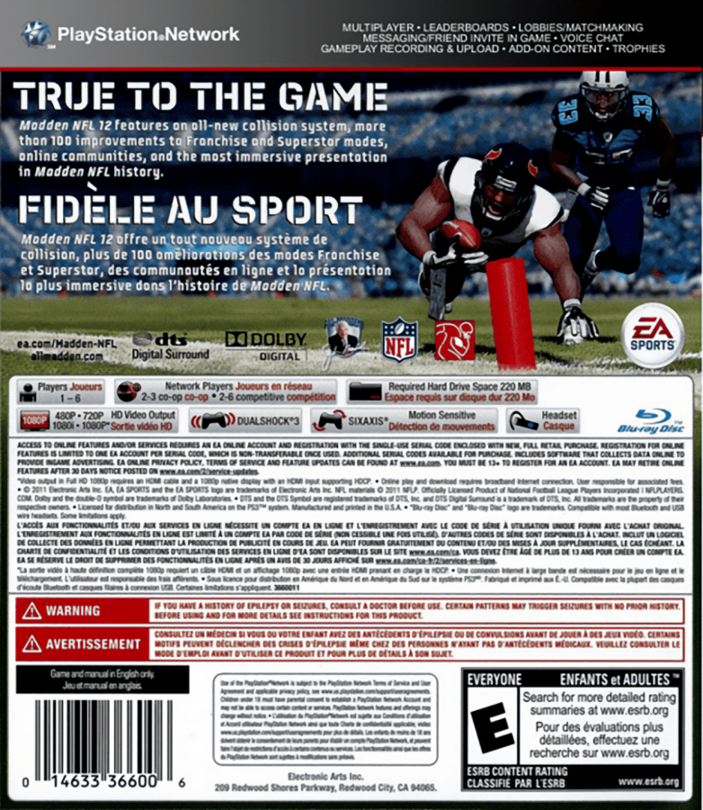 Madden NFL 12 back cover art for PlayStation 3 (PS3) video game