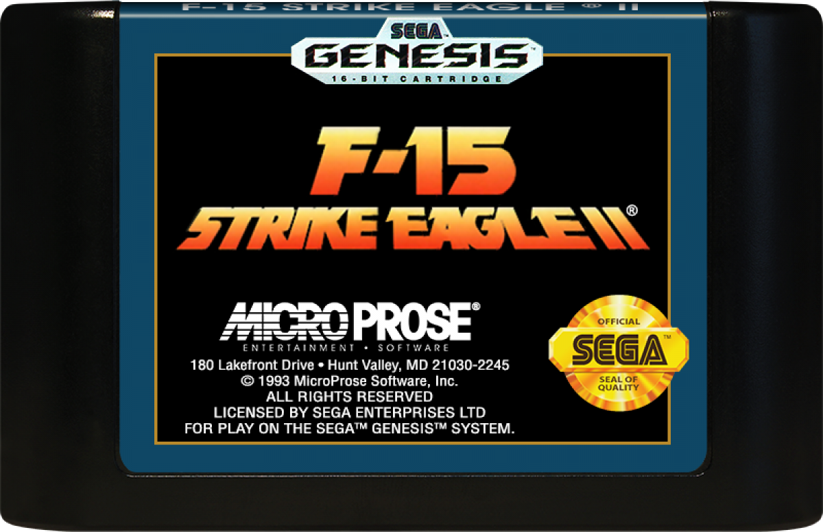 F 15 Strike Eagle II Sega Genesis video game featuring realistic jet fighter simulation gameplay tactical air combat missions military aviation action and classic 16 bit Sega console flight simulator title cartridge