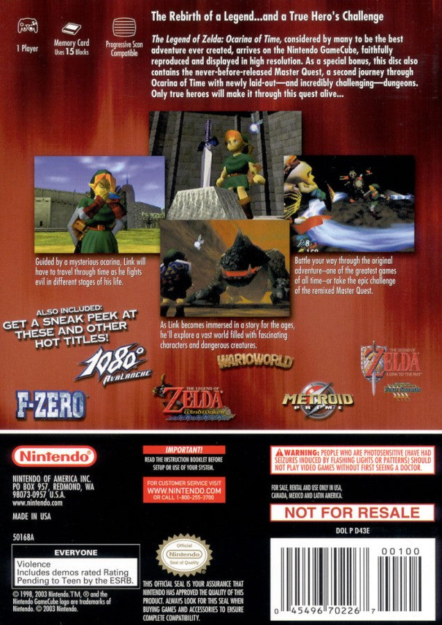 The Legend of Zelda Ocarina of Time Master Quest Nintendo GameCube GC video game featuring action adventure gameplay Link character Hyrule exploration dungeon puzzles challenging Master Quest dungeons sword combat shield defense magical items Ocarina music time travel boss battles and legendary Zelda fantasy adventure enhanced challenge edition retro video game collection collectible gaming appeal back cover art