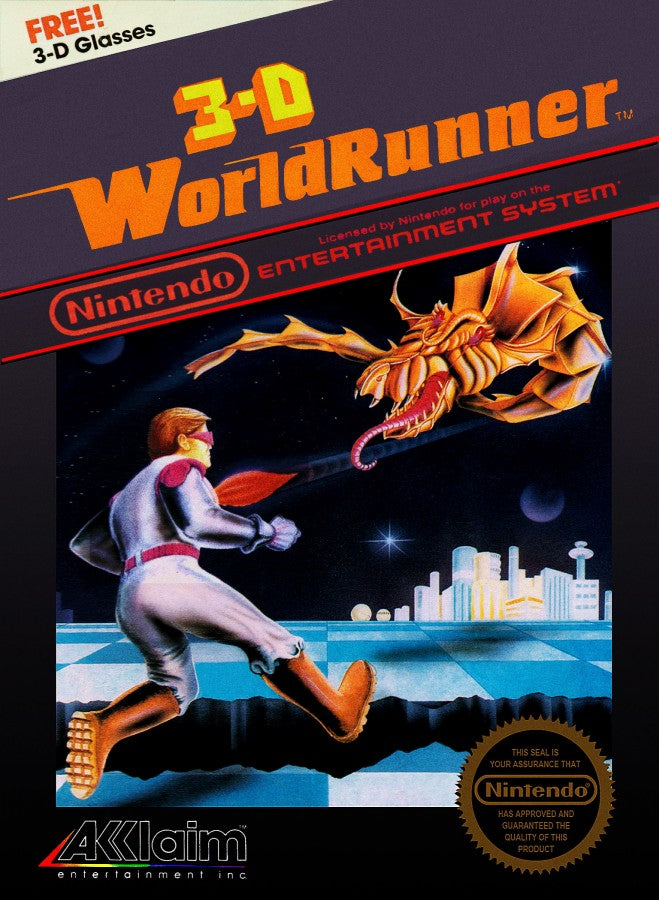 3-D WorldRunner retro NES video game 3-D WorldRunner action adventure fantasy shooting fast paced gameplay pseudo 3D classic console title Nintendo Entertainment System release cover art