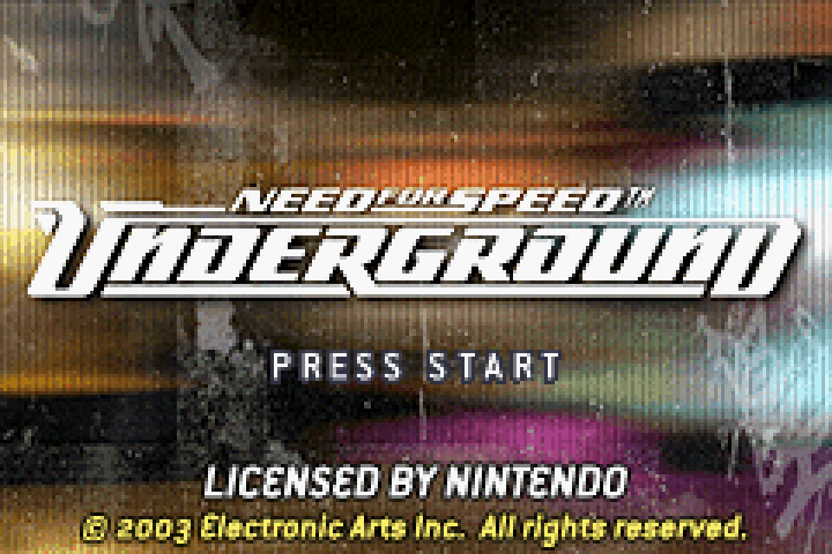 Need for Speed Underground Game Boy Advance title screen for retro video game featuring street racing gameplay, car customization, underground tuner culture, fast paced arcade racing, and portable handheld racing action on the GBA system