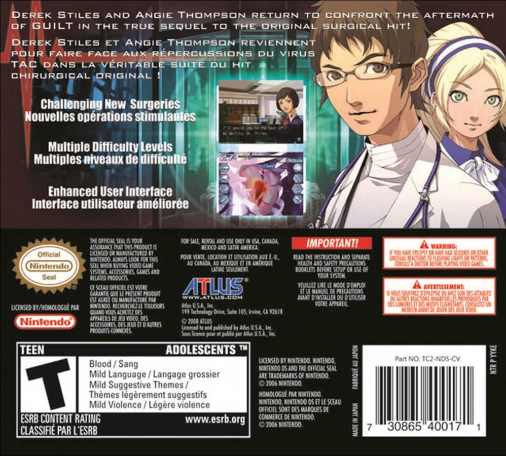 Trauma Center Under the Knife 2 Nintendo DS for medical simulation video game fans featuring surgical procedures touch screen controls fast paced operations dramatic storytelling precision gameplay challenging diagnoses anime inspired visuals Atlus adventure collectible gaming appeal back cover art