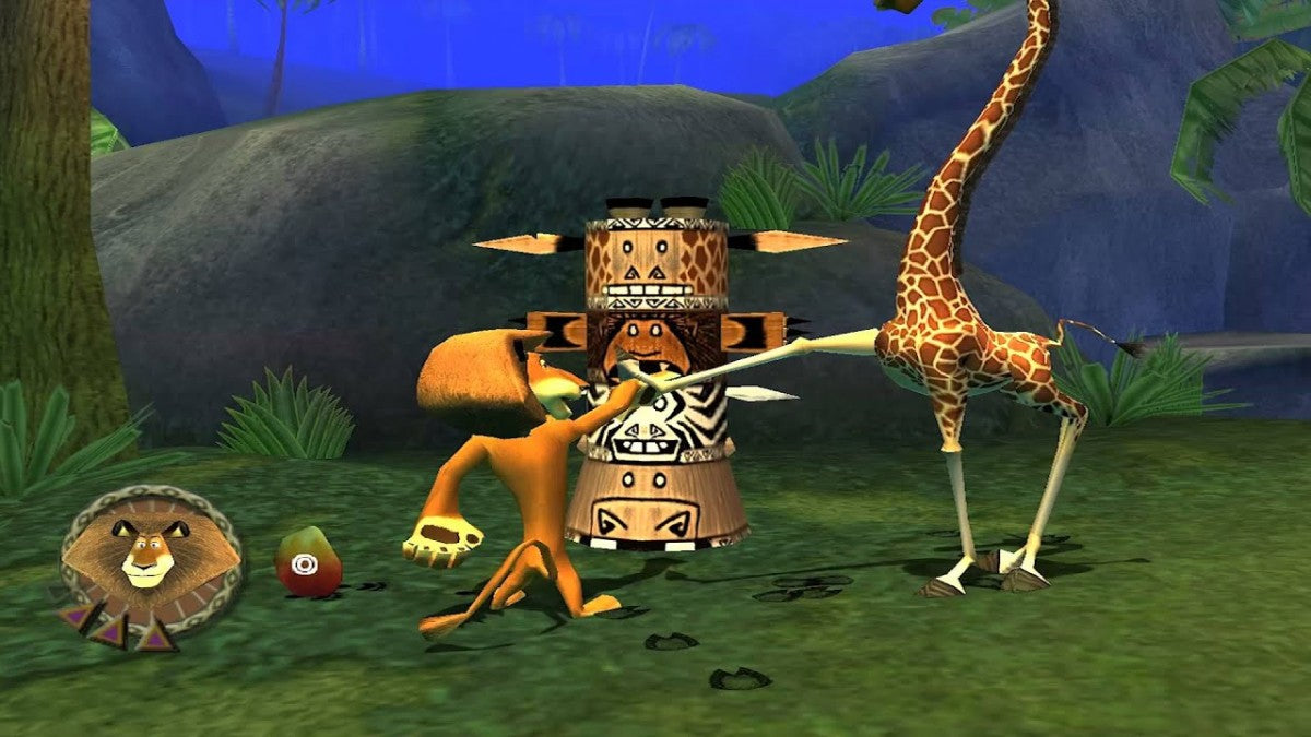 Madagascar Xbox action-adventure video game based on the DreamWorks animated film starring Alex the Lion Marty the Zebra Melman the Giraffe Gloria the Hippo and the penguins jungle safari levels New York zoo escape island survival cooperative gameplay character swapping platforming puzzle solving movie voice actors licensed tie-in gameplay screenshot