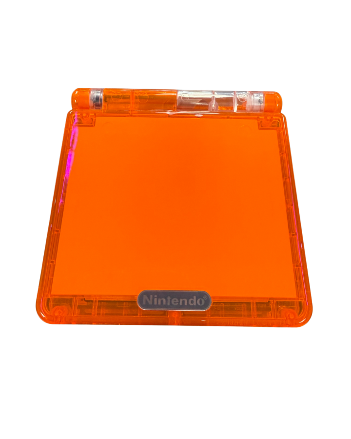 Custom Orange Game Boy Advance SP (GBA SP) handheld console featuring the classic folding clamshell design, rechargeable battery, front‑lit/bright screen (AGS‑001/AGS‑101 depending on mod), and a translucent/orange custom shell replacement — a popular aftermarket mod for collectors and gamers who want a unique look for their retro portable system closed front