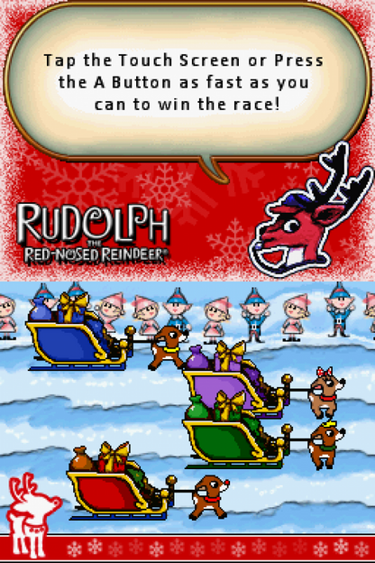 Rudolph the Red Nosed Reindeer Nintendo DS holiday family game Christmas adventure mini games story based gameplay kids friendly platformer festive winter themed casual gameplay touch screen stylus controls Nintendo DS software video game title gameplay 