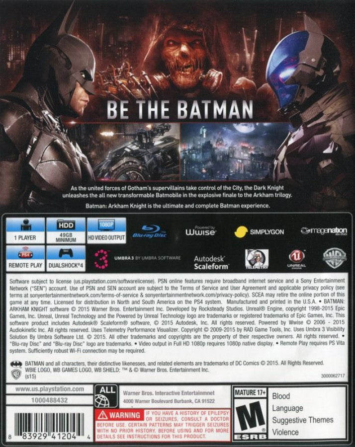 Batman: Arkham Knight back of case for PlayStation 4 (PS4) action-adventure superhero video game