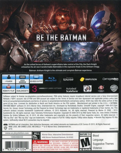 Batman: Arkham Knight back of case for PlayStation 4 (PS4) action-adventure superhero video game