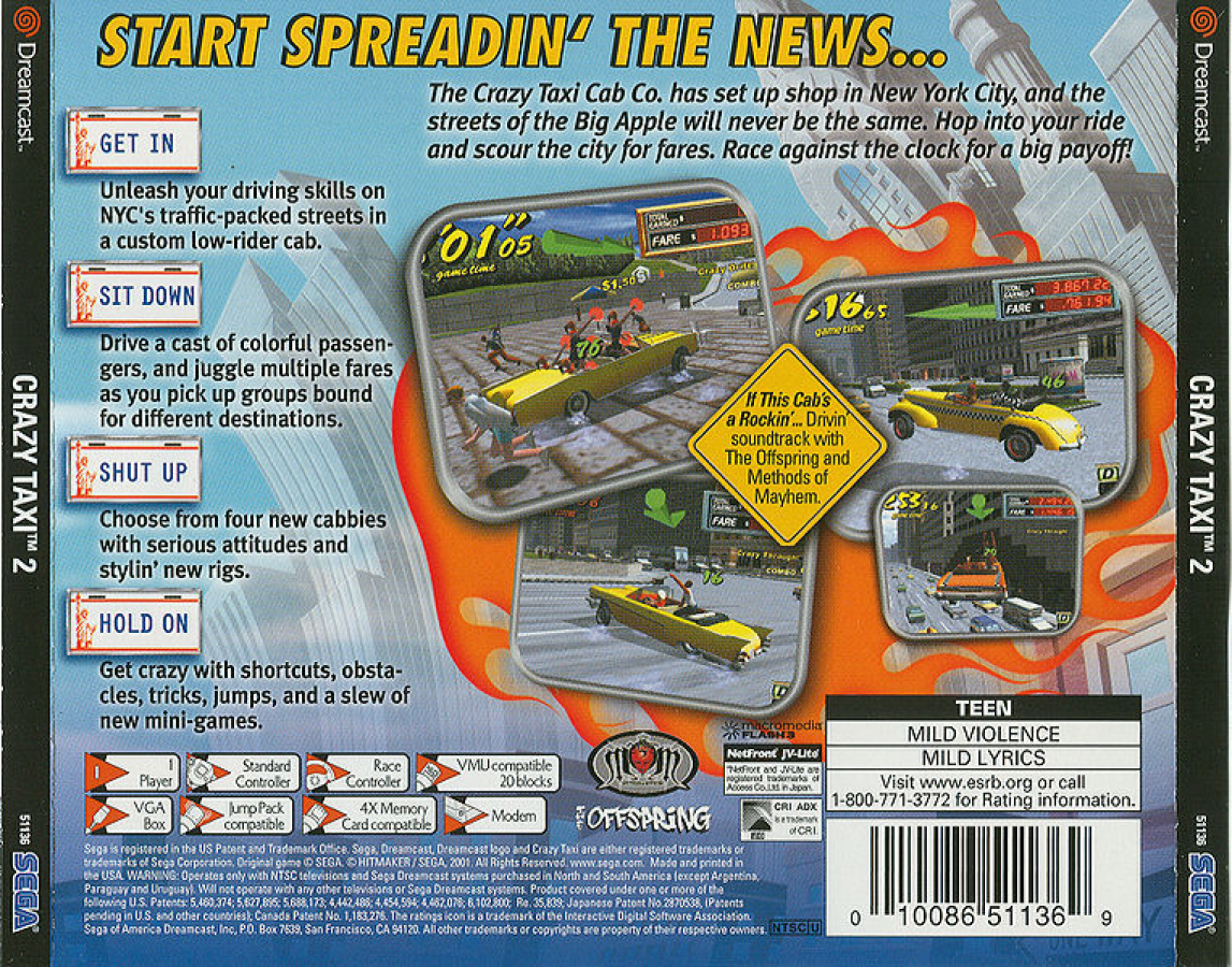 Crazy Taxi 2 Dreamcast featuring fast-paced arcade driving gameplay with new city maps and wild taxi action back cover art